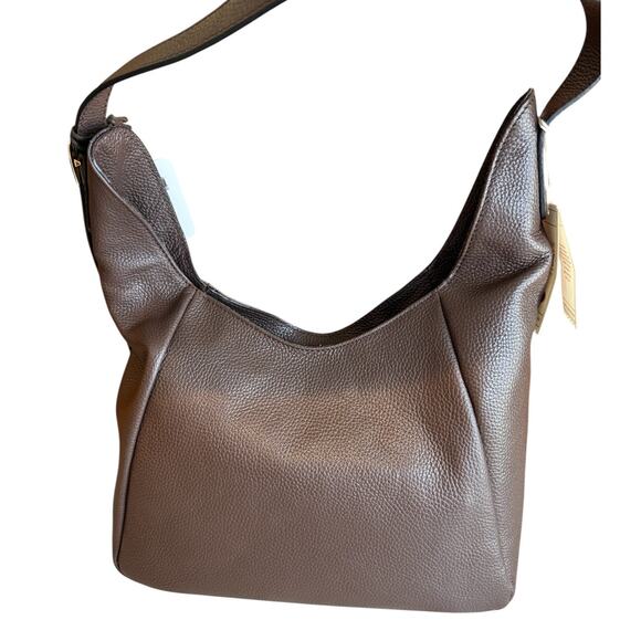 Valentina Pebbled Leather Crescent Hobo Shoulder Bag Gold Chain Detail Brown - Picture 4 of 7